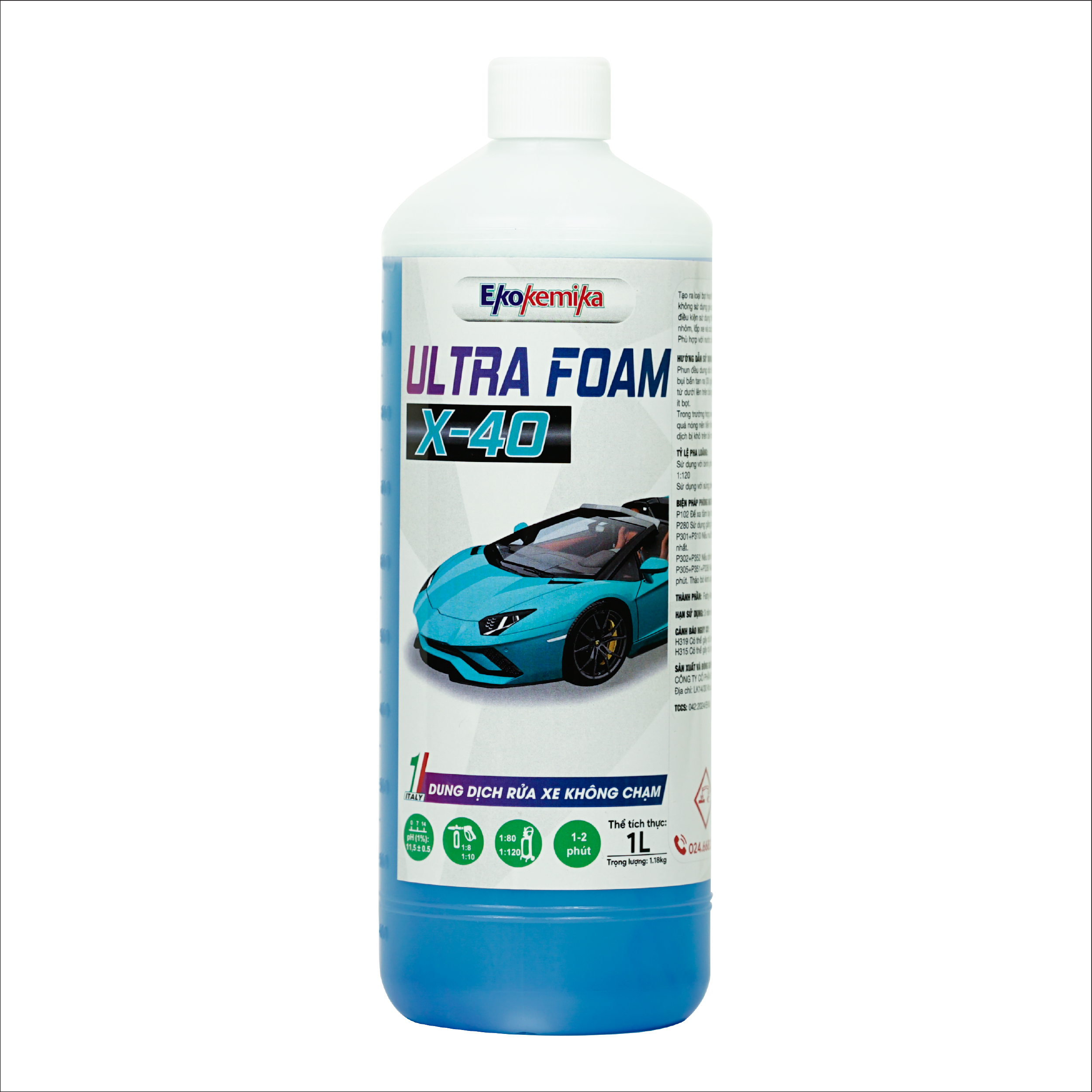 Dung Dịch Rửa Xe Không Chạm Siêu Bọt Hoạt Tính Thế Hệ Mới Ekokemika Ultra Foam X-40 1 Lít
